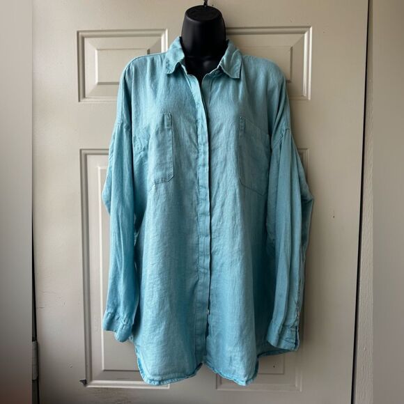 J. Jill Love Linen Button Up Tunic Shirt Turquoise Blue 100% Linen Size L - Picture 12 of 14